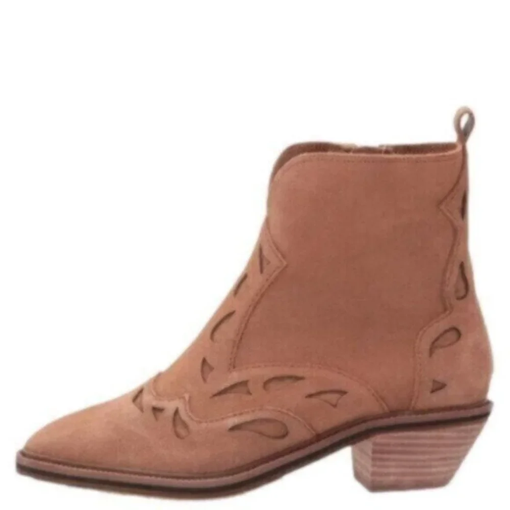 Kelsi Dagger Cliff Mocha Brown Suede Pointed Toe Block Heel Western Ankle Boots